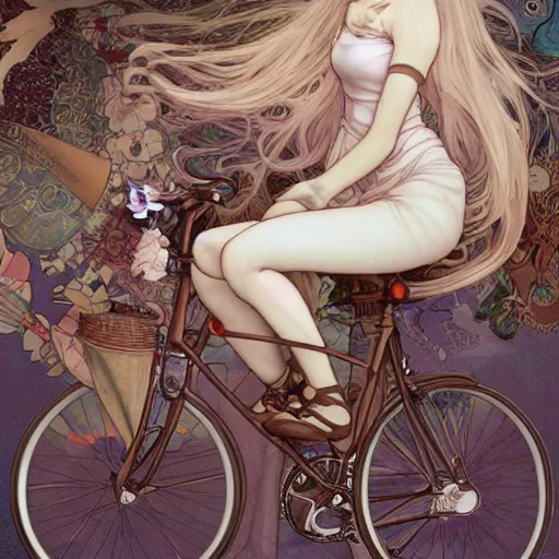 Image similar to A girl on a bicycle , Long, flowing hair by Range Murata and mucha ,full shot,