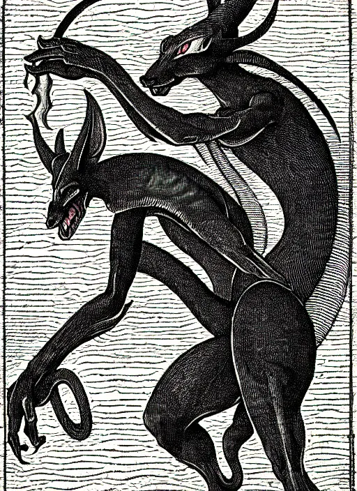 Image similar to illustration of mewtwo as a demon from the dictionarre infernal, etching by louis le breton, 1 8 6 9, 1 2 0 0 dpi scan, ultrasharp detail, clean scan