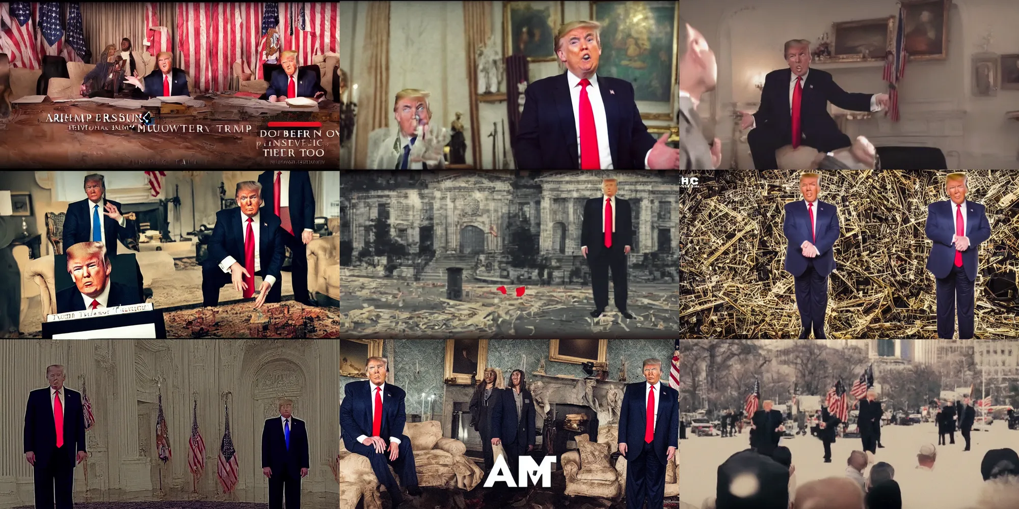 Prompt: trump sober tool music video hdr movie still, film grain