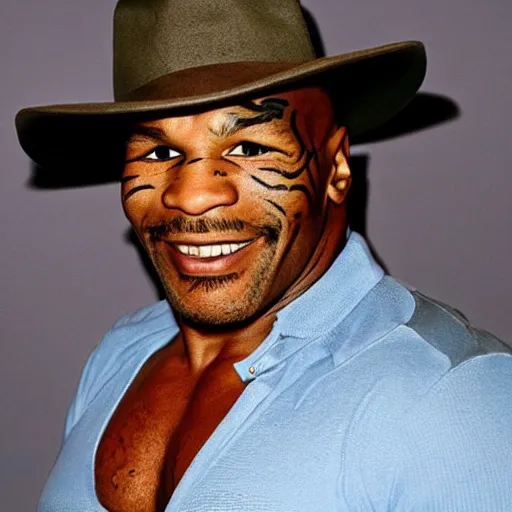 Image similar to mike tyson, wearing a silly hat, tinder profile