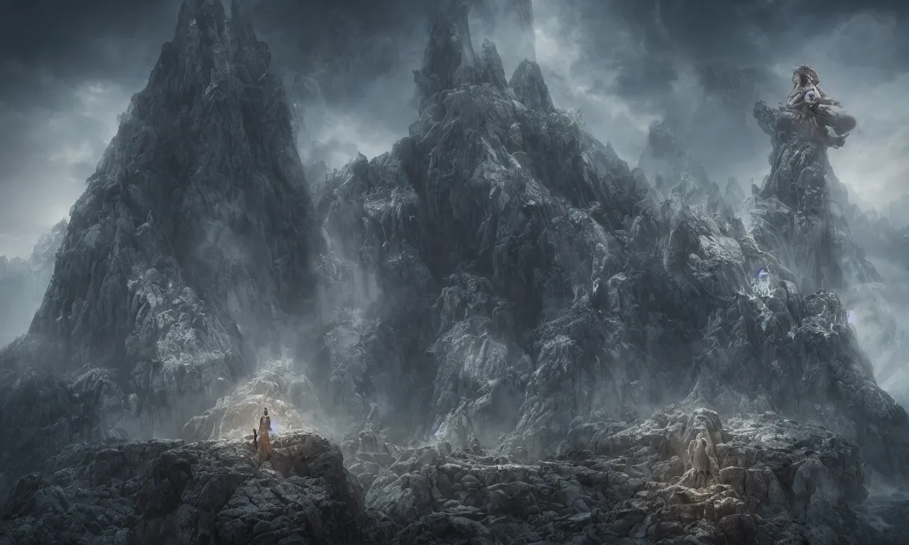 Image similar to by nadezda and david stoupakis, visually stunning, cinematic, ultra realistic, hyper realism, 1 2 k, epic, octane render, unreal engine, vfx, maya, a dwarf city built into a mountain, dwarf statue : gargantuan disappointment of crying souls