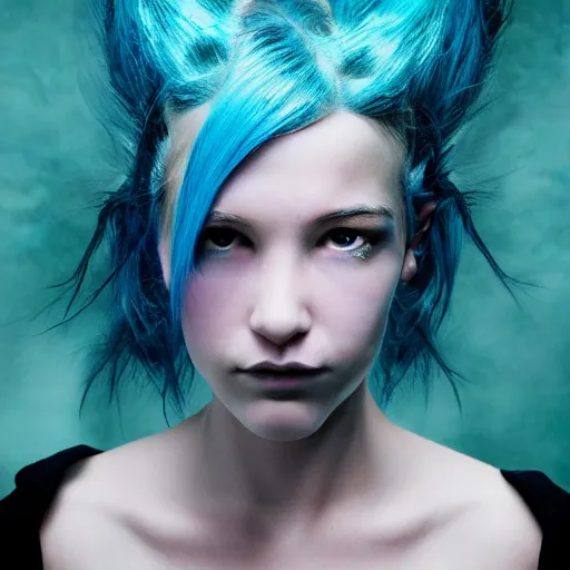 Prompt: portrait of young girl half dragon half human , dragon skin, dragon eyes, dragon crown, blue hair, long hair, David Lynch