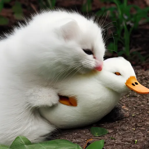 Prompt: Kitten hugging a white duck