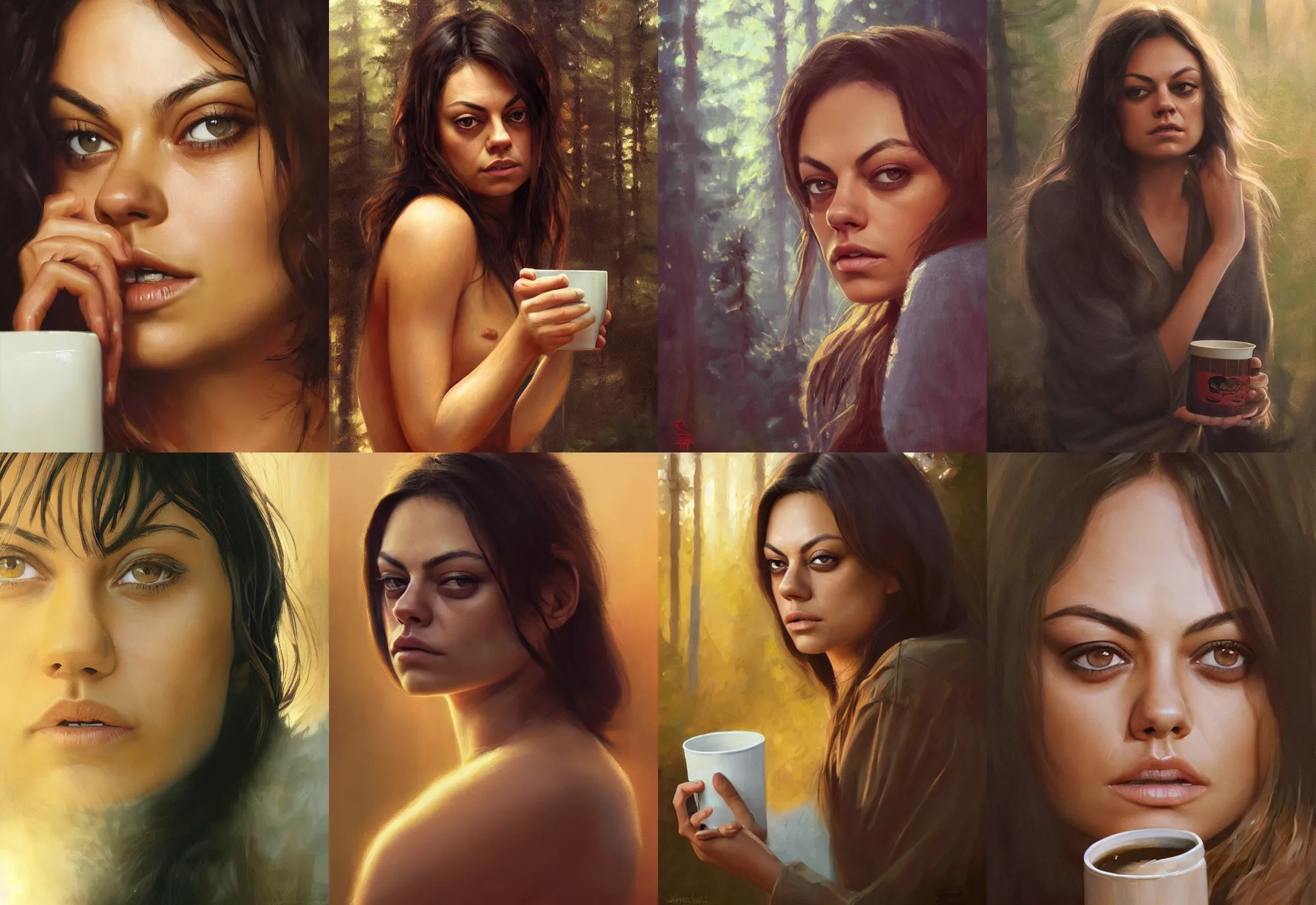 Image similar to close portrait of sleepy mila kunis waking up with coffee, dramatic light, morning golden hour, forest cabin background, 2 0 0 mm focal length, 1 9 7 0 s, painted by stanley lau, painted by greg rutkowski, painted by stanley artgerm, digital art, trending on artstation