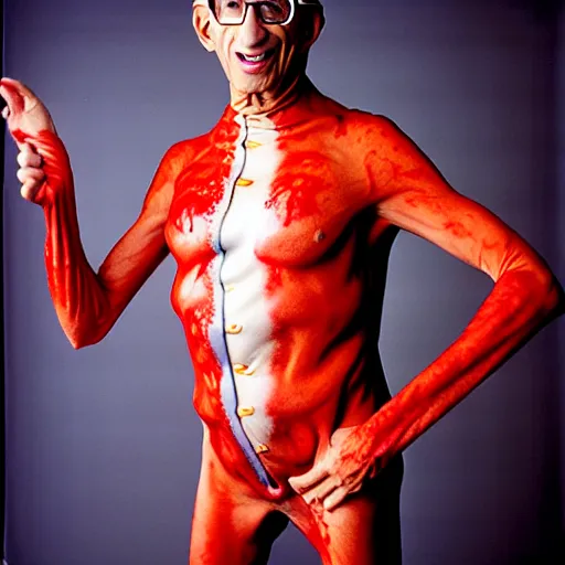 Prompt: uhd photorealisitc candid photo of anthony fauci wearing a bloody slim goodbody costume. correct coostume. correct face, accurate face. photo by annie leibowitz and steve mccurry