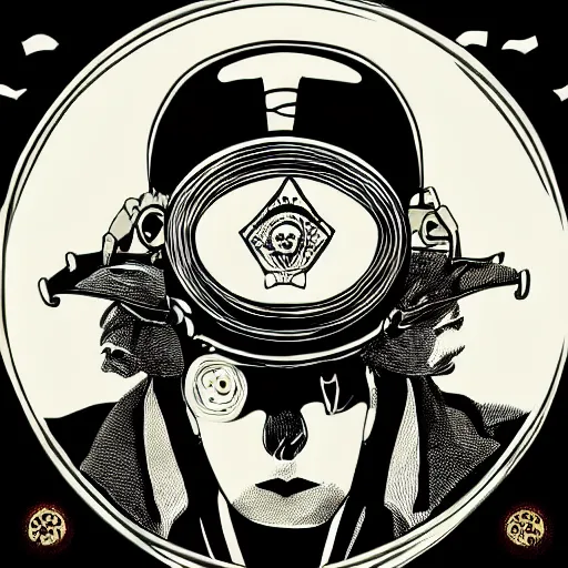 Prompt: Illustrated by Shepard Fairey and H.R. Geiger | Steampunk Clown Vampire with VR helmet, surrounded by cables