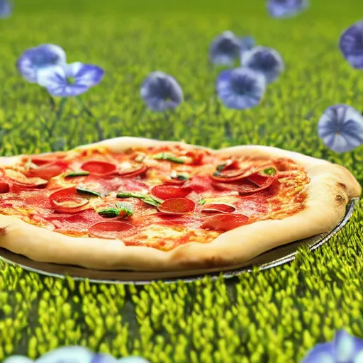 Prompt: A slice of pizza laying on a nice flowery field, realistic, ultra high detail, 8k, close up.