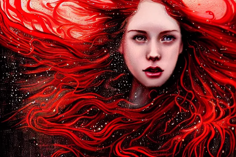 Image similar to highly detailed portrait of a beautiful girl running in rain with wet red hair and pale face, swirling smokey tendrils, bright scattered particles, fantasy, intricate, elegant, dramatic lighting, emotionally evoking symbolic metaphor, highly detailed, lifelike, photorealistic, digital painting, artstation, concept art, smooth, sharp focus, illustration, art by John Collier and Albert Aublet and Krenz Cushart and Artem Demura and Alphonse Mucha