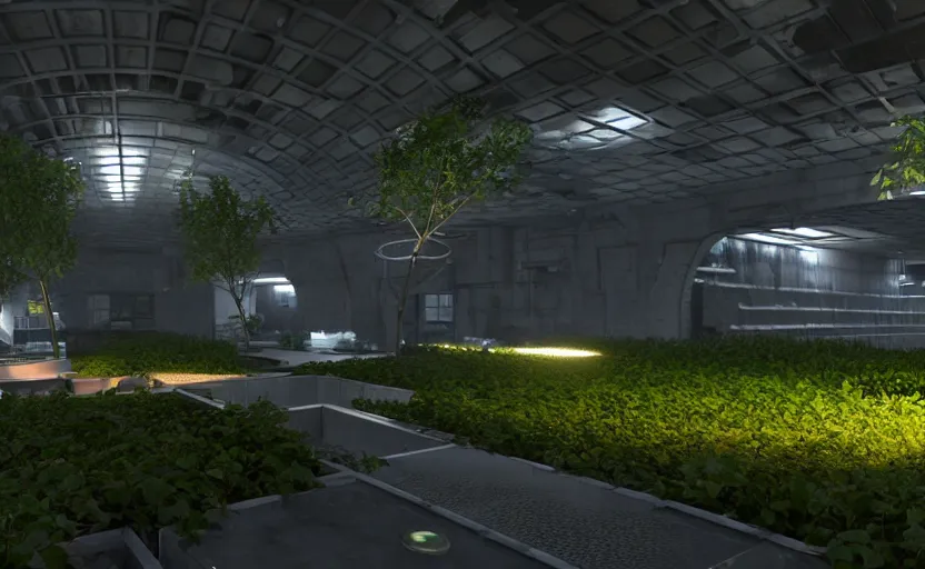 Image similar to in-game screenshot of a group of hazmat scientists on unreal engine 5, in a liminal underground garden, photorealistic, retrofuturism, brutalism, staggered terraces, minimalist, soft vintage glow