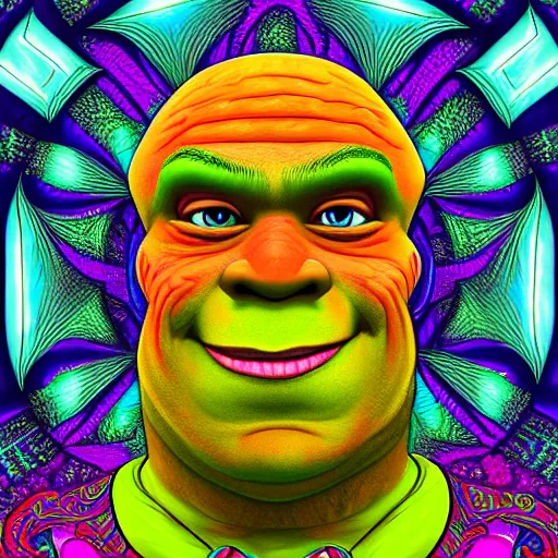 Prompt: a detailed digital art of Shrek in the style of Alex Grey, psychedelic, fantasy, 8k, ornate, intricate