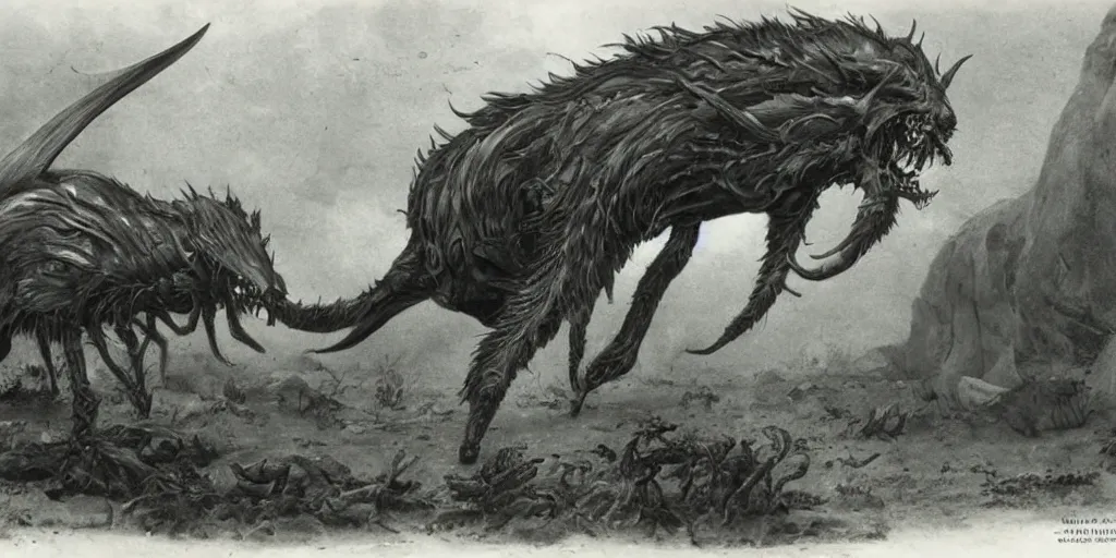 Prompt: a large, predatory creature with a long, segmented body. It has dozens of legs, each of which is tipped with a sharp claw. Its head is large and triangular, with two long, curved horns. Its eyes are black and glittering, and its mouth is full of sharp teeth. Its body is covered in tough, glossy scales, and its tail is long and whip-like. by Kentaro Miura, Tsutomu Nihei, trending on artstation