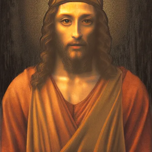 Prompt: matte painting of jesus christ with tan skin in the art style of leonardo da vinci
