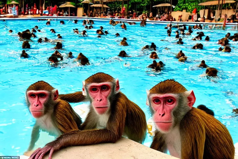 Prompt: Many monkeys swim in a public pool, wearing bathing suits, tropical location, vacation spot