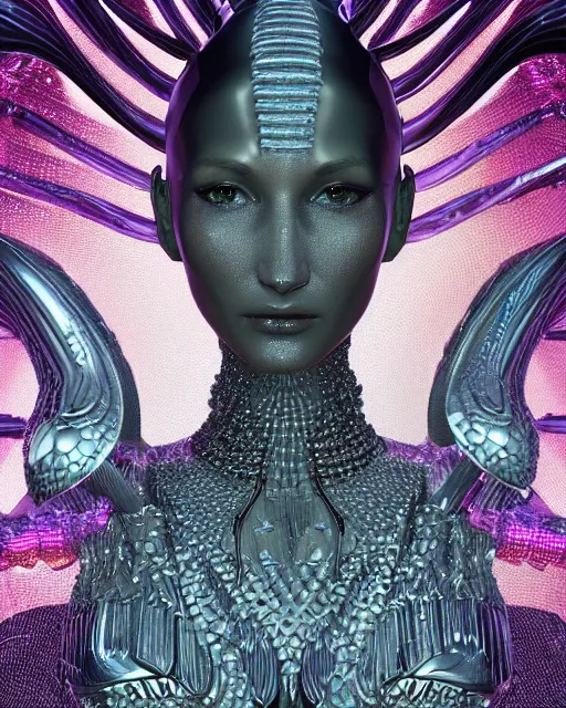 Image similar to a highly detailed metahuman 4 k close up render of an alien goddess bella hadid as alien in iris van herpen dress schiaparelli in diamonds crystals swarovski and jewelry iridescent in style of alphonse mucha gustav klimt trending on artstation made in unreal engine 4