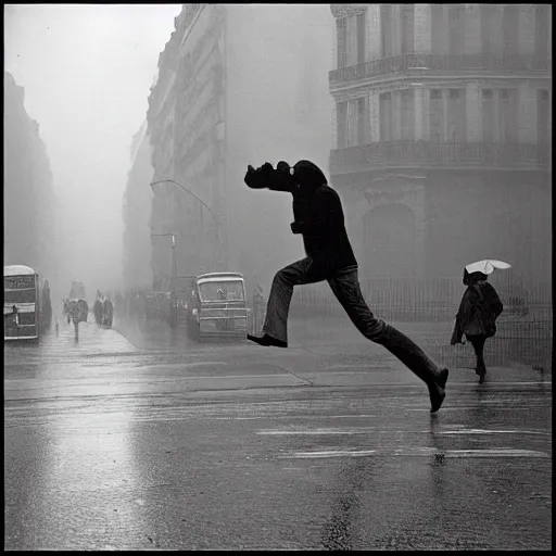 Image similar to the man leaping in a raining paris street, by henri cartier bresson,