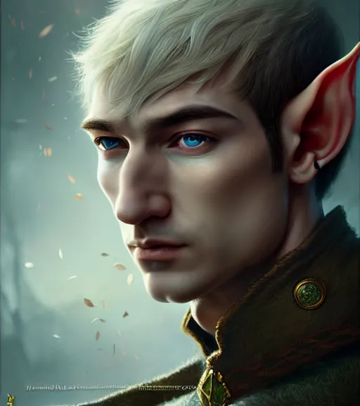 Image similar to portrait of a male elf in heightened detail, poised, intense emotion, detailed facial expression, 8 k, hyperrealistic, detailed surroundings, intricate, elegant, highly detailed, centered, digital painting, cgsociety, concept art, smooth, sharp focus, illustration, by ( ross tran ), wlop