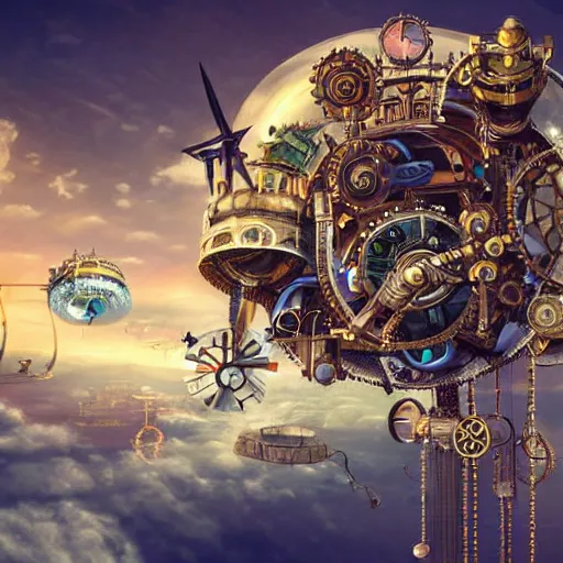 Prompt: flying city ontop of a mechanical flower, sky, fantasy art, steampunk