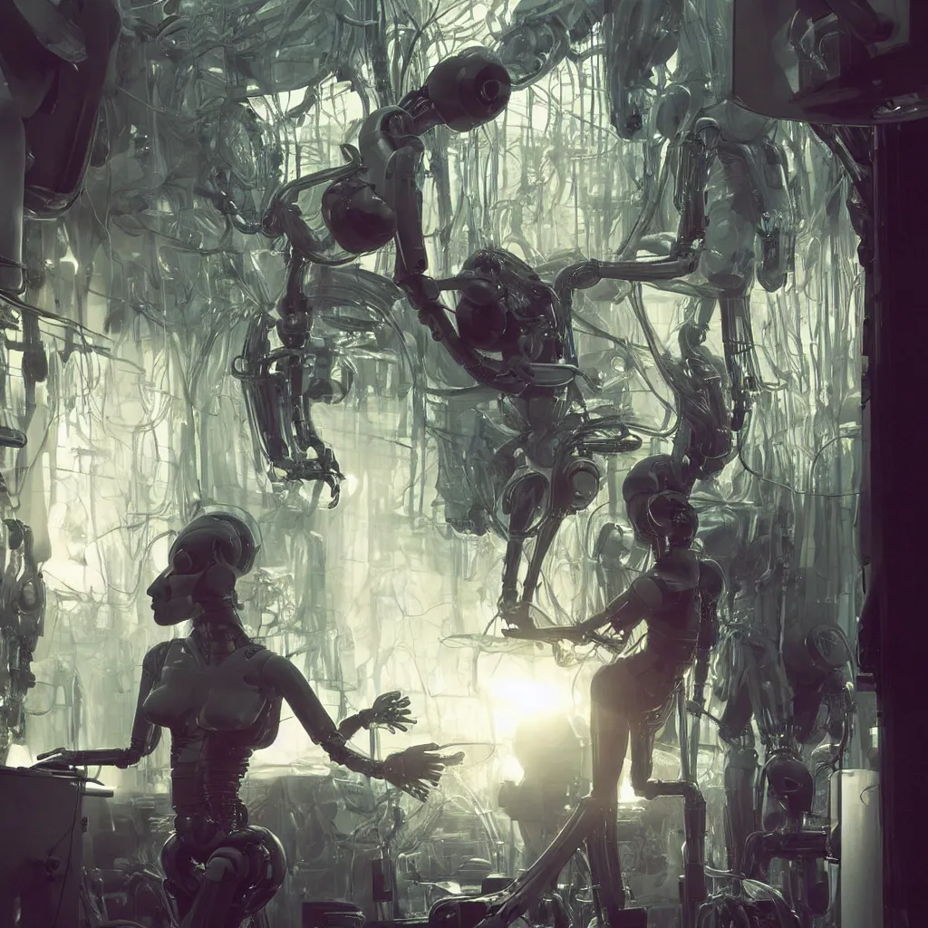 Image similar to extremely detailed cinematic movie still medium shot of supermodel girl artist working in her studio with human like robot hyperreal skin face by denis villeneuve, wayne barlowe, simon birch, marc simonetti, philippe druillet, beeple, alex grey bright volumetric sunlight, rich moody colors, bokeh