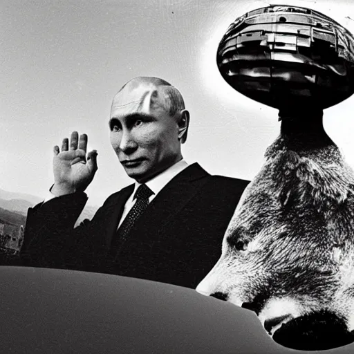 Prompt: putin on a bear, fish eye, atomic bomb in background