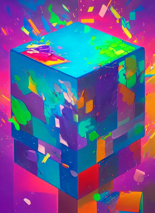 Image similar to a smooth cube being engulfed with extremely detailed splashes of colorful abstract paint, surreal, pascal blanche, artstation