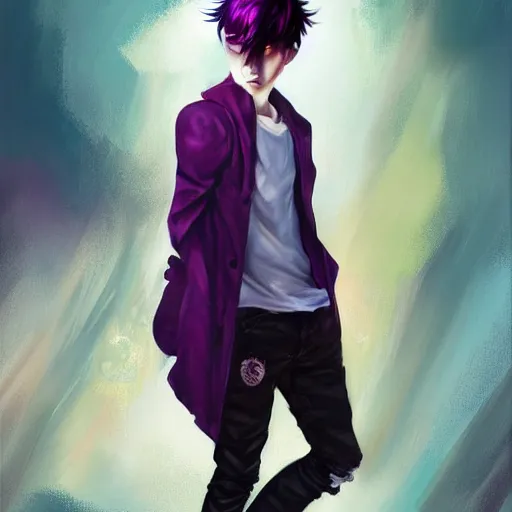 Image similar to colorful and festive captivating teenager boy with straight purple hair, purple eyes with red eye markers, slim body, wearing japanese combat clothes. rich vivid colors, ambient lighting, dynamic lighting, 4 k, atmospheric lighting, painted, intricate, highly detailed by charlie bowater