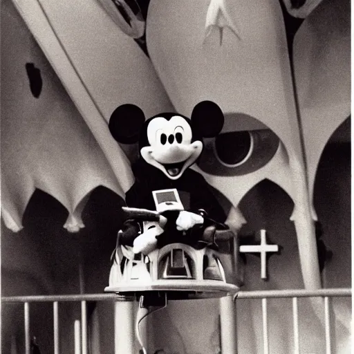 Image similar to Mickey Mouse riding a pterodactyl in a church, In the movie Star Wars