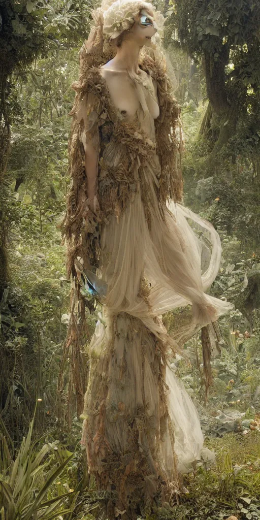 Image similar to dress made of leaves, masterpiece by Edgar Maxence and Ross Tran and Michael Whelan, gustav dore, carravaggion, realistic fantasy, establishing shot, 8k, octane render, moonbeams