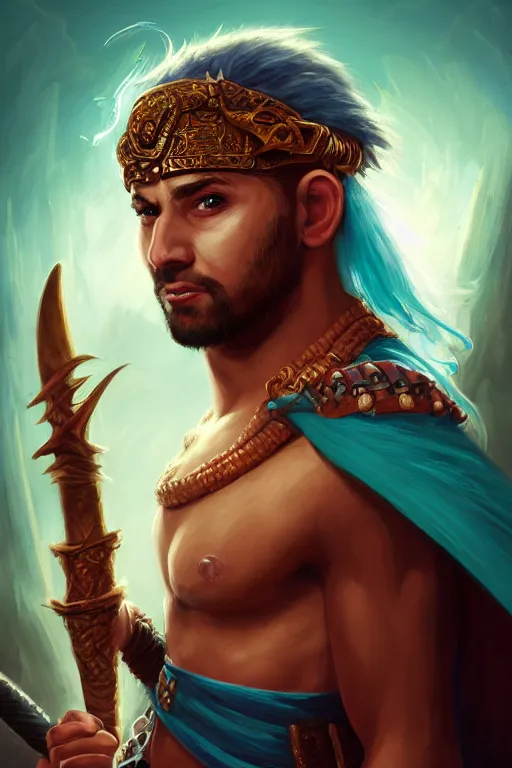 Image similar to ! dream character portrait of ahmad jannati as magic barbarian with a third eye on the forehead and body warpaint, dungeons and dragons cover artwork, dynamic composition, dramatic lighting, trending on artstation, award winning art, stylized painting by sophie anderson, leonardo da vinci and raphael, concept art, 4 k, 8 k, gold and teal color scheme