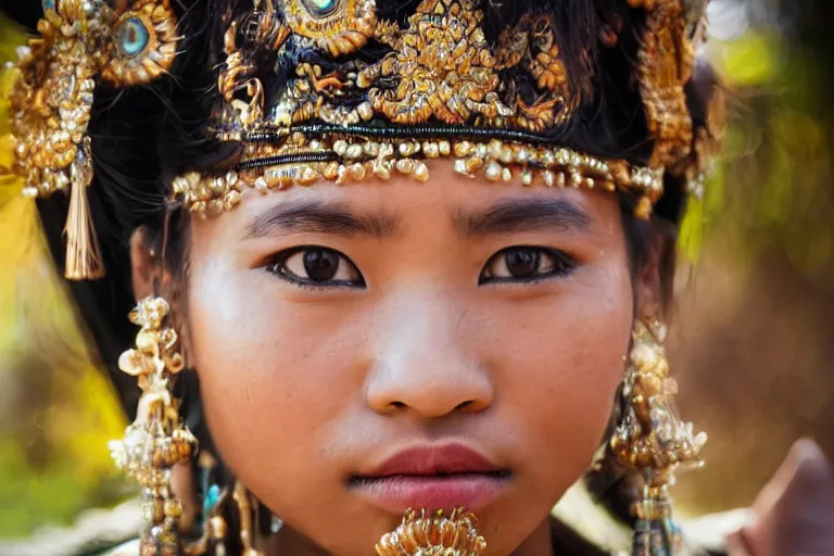 Image similar to close - up photo of a beautiful khmer warrior princess in a battle scene, detailed eyes, shallow depth of field, photorealistic, cinematic lighting, lovely bokeh, warm colours, dusk