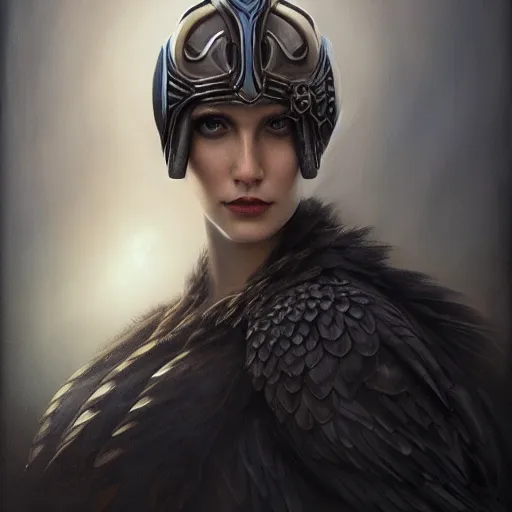 Prompt: tom bagshaw, very beautiful genetic mix of australian hawk and raven winged helm, professionally retouched, focus eyes, ultra realistic soft painting, insanely detailed linework, symmetrical accurate intricate features, behance artstation, 8 k