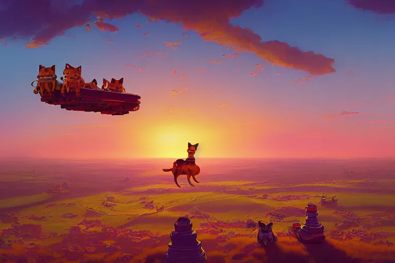 Prompt: Three chihuahuas on a flying carpet, flying in the sky, looking down on an English town, sunset, golden hour, cinematic lighting, epic scene, digital art painting by simon stalenhag