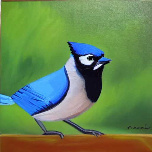 Prompt: expressive oil painting of a blue jay on a small bridge in a forest, natural color palette