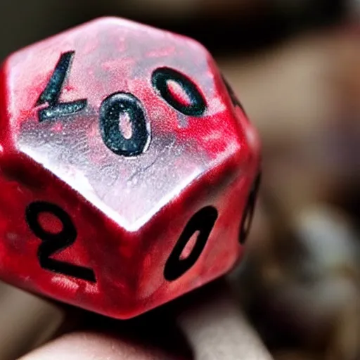 Image similar to d 2 0 covered in blood, realistic photography, high detailed