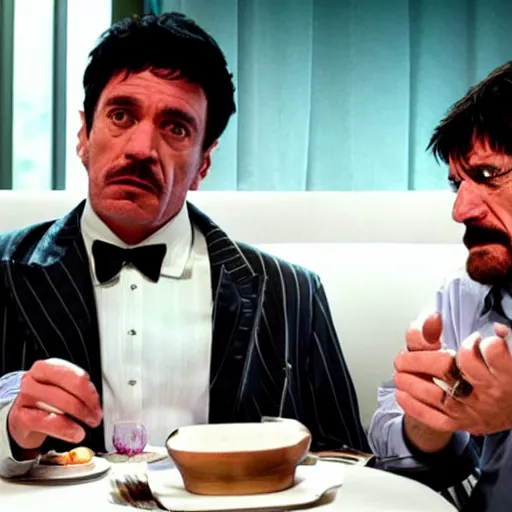 Image similar to tony montana and walter white discussing business at a dinner table, 4k, hd, photorealistic