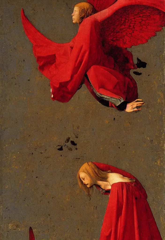 Image similar to Flying Fallen Angel with wings dressed in red, Medieval painting by Jan van Eyck, Johannes Vermeer, Florence