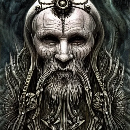 Image similar to viking north druid lich mermaid king wise old man god of death witch pagan face portrait, underwater, covered in runes, crown made of bones, necromancer, zdzisław beksinski, mikhail vrubel, hr giger, gustav klimt, symmetry, mystical occult symbol in real life, high detail