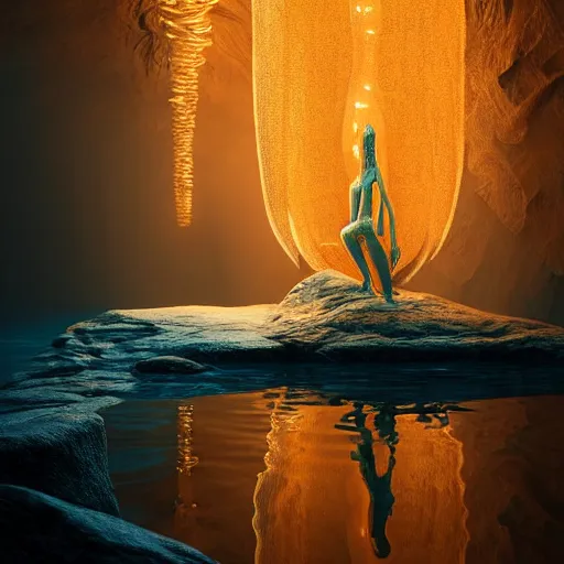 Image similar to creature in a alaska, water reflection, backlit, warm tones, bioluminescent bioluminescent translucent translucent : : by michal karcz, daniel merriam, victo ngai and guillermo del toro : : ornate, dynamic, particulate, intricate, elegant, highly detailed, centered, artstation, smooth, sharp focus, octane render, 3 d