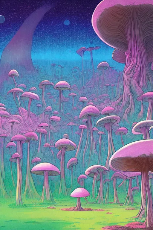 Image similar to concept art painting of an alien world with mushroom forests, artgerm, moebius, inio asano, toon shading, cel shading, calm, tranquil, vaporwave colors,