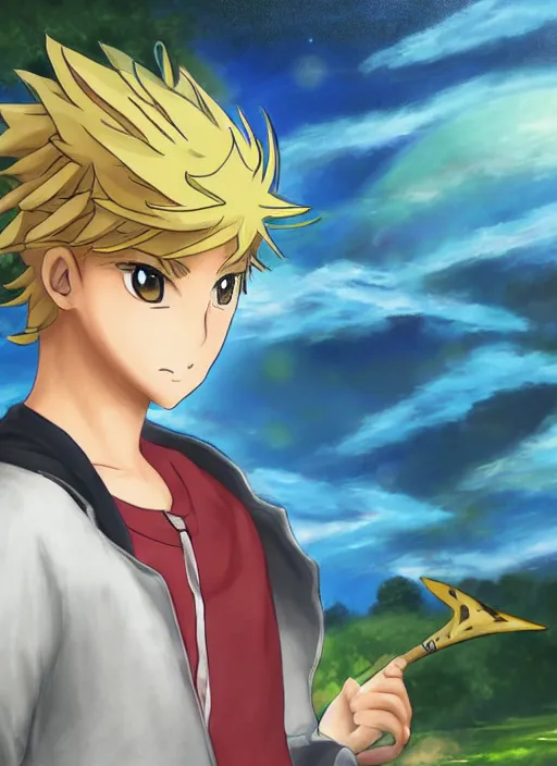 Image similar to An epic fantasy pokemon anime style portrait painting of a young blonde boy thief