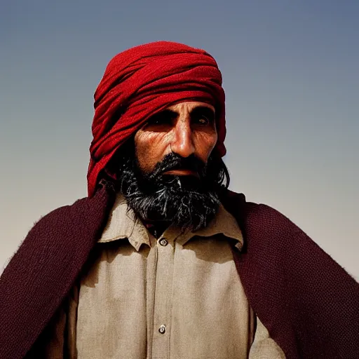 Image similar to portrait of felix beiderman as afghan man, green eyes and red scarf looking intently, photograph by steve mccurry