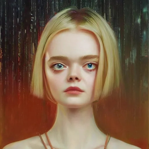 Image similar to a striking hyper real oil painting of Elle Fanning with cybernetics in the style of Blade Runner