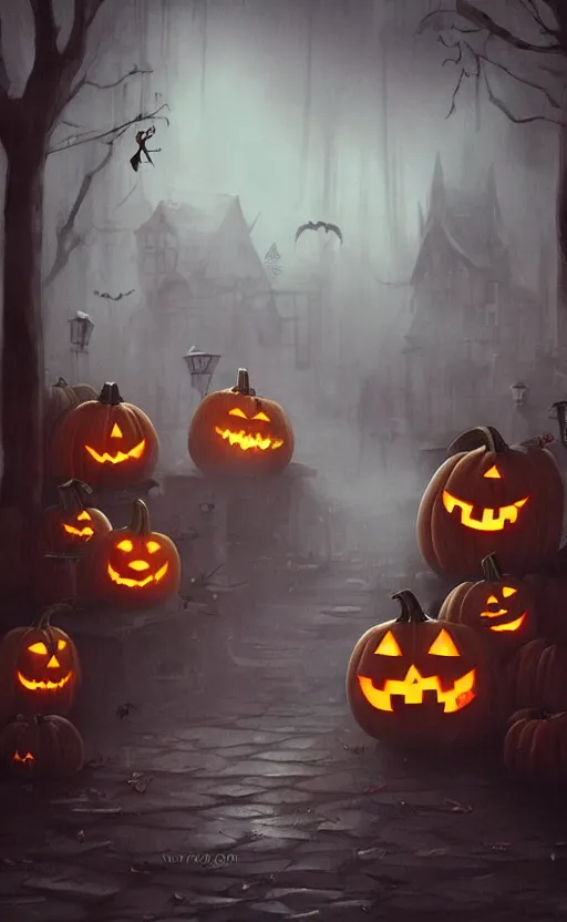 Image similar to a creepy and eery Halloween setting, with Jack o lanterns on the street and shadow figures lurking about, dynamic lighting, photorealistic fantasy concept art, stunning visuals, creative, cinematic, ultra detailed, trending on art station, spooky vibe