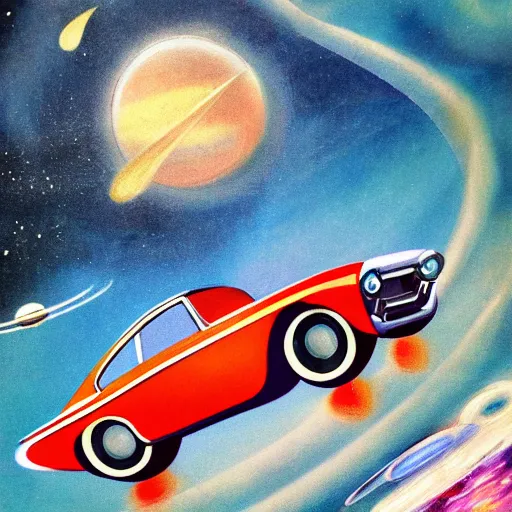 Image similar to 1960s car on a road in space driving towards a planet, trending on art station