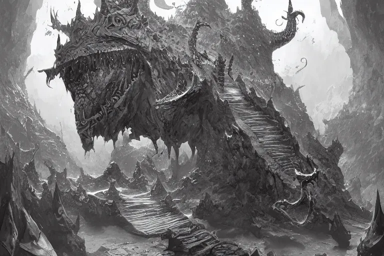 Prompt: black and white one point perspective dungeon cozy fantasy dungeon dragon artgerm and Craig Mullins, James Jean, Andrey Ryabovichev, Mark Simonetti and Peter Morbacher 16k