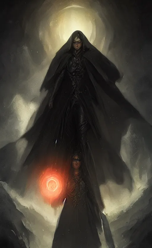 Image similar to Portrait of an aasimar in a black cloak with glowing eyes, detailed face, fantasy, highly detailed, cinematic lighting, digital art painting by greg rutkowski