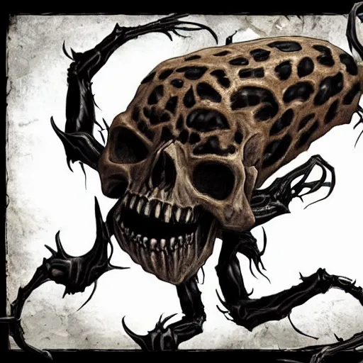 Image similar to Skull that look too much like skull!, crypt lurker!!, grasp of darkness!!!, pitchburn devils, giant terrestrial starfish!!!!!, rescue from the underworld!!!!!!, 8k CG character rendering of a spider-like hunting female on its back, fangs extended, wearing a leopard-patterned dress, set against a white background, with textured hair and skin.