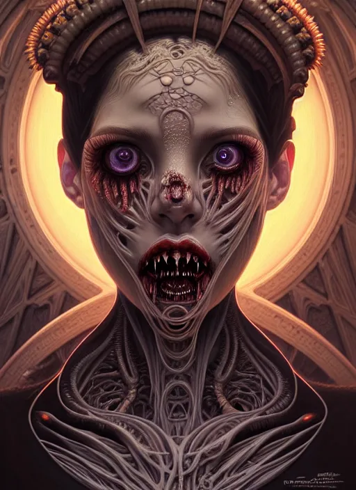 Image similar to symmetry!! portrait of grotesque and gruesome female, cosmic horror, lovecraftian horror, intricate, horror!! highly detailed, digital painting, artstation, giger concept art, smooth, sharp focus, illustration, art by artgerm and greg rutkowski and alphonse mucha and junji ito, 8 k