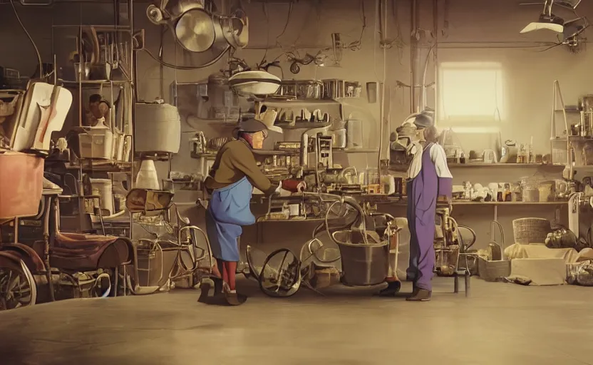 Image similar to a film still of willie wonka's chocolate factory 1973, animation key shot of a focused auto mechanic repairing the tires of a motorcycle in the workshop garage, medium shot, waist up, studio Ghibli, Pixar and Disney animation, sharp, Rendered in Unreal Engine 5, anime key art by Greg Rutkowski, Bloom, dramatic lighting