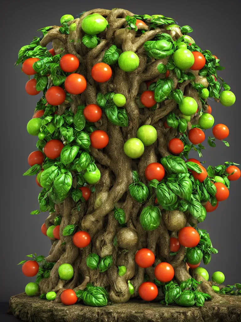 Prompt: highly detailed 3 d render of a mythical tree with branches with omatoes and mozzarella balls and basil leaves, hyper realistic octane render, cinematic lighting, deviantart, lowbrow, surrealism, pixar still