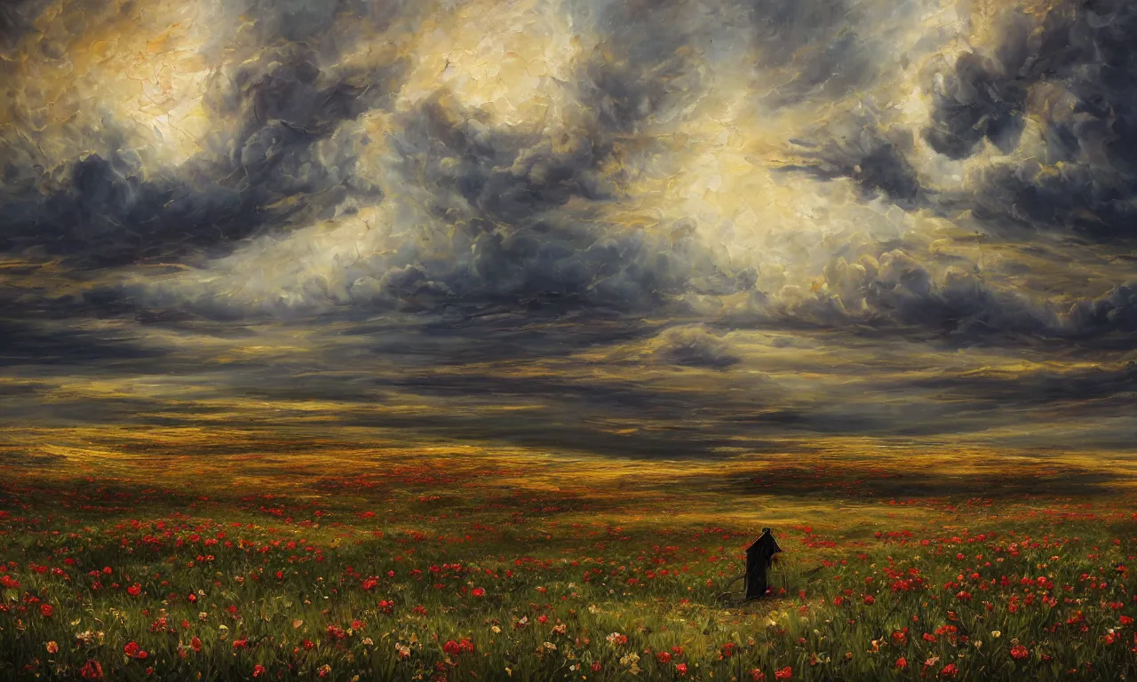 Image similar to breathtaking oil painting with palette knife of a plains landscape in luxurious nature, with intricate art nouveau moody dark tumultuous clouds, at dawn with roses and golden petals flying, grim reaper silhouette with scythe, concept art, matte, by krista schumacher and georgia hart,